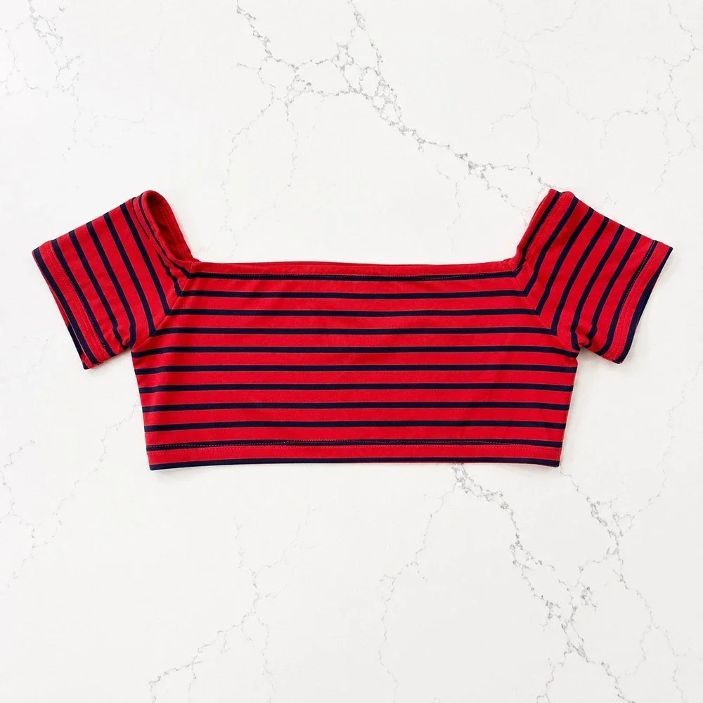 MICHAEL Michael Kors Striped Bikini Top Size M Red Navy Short Sleeve‎ Swim